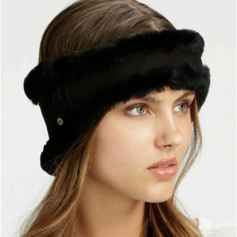 UGG Reversible Black Leather & Real Shearling Headband NWT